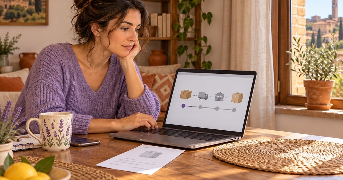 O femeie verifică pe laptop o schemă de urmărire a unui colet, cu o fișă de comandă așezată pe masă.