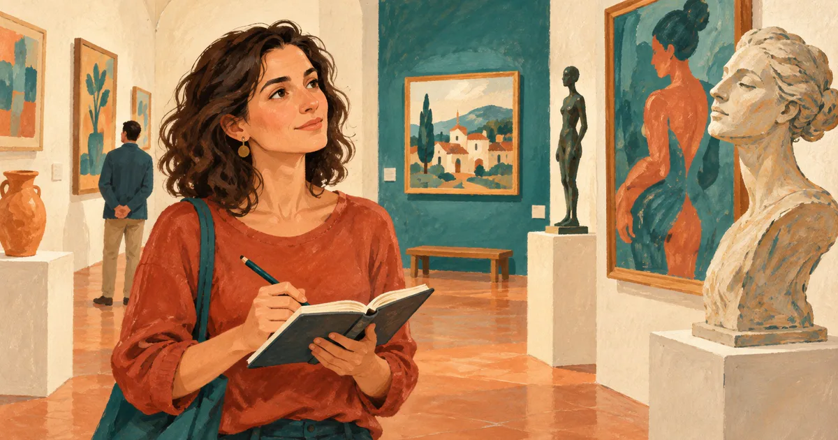 O femeie își notează impresiile într-un caiet într-o galerie cu o sculptură expusă.