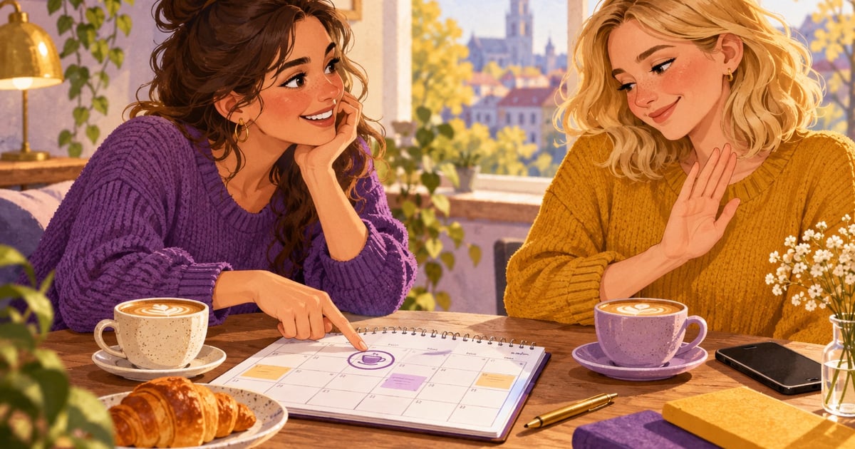 Două prietene privesc o agendă deschisă pe masa unei cafenele.