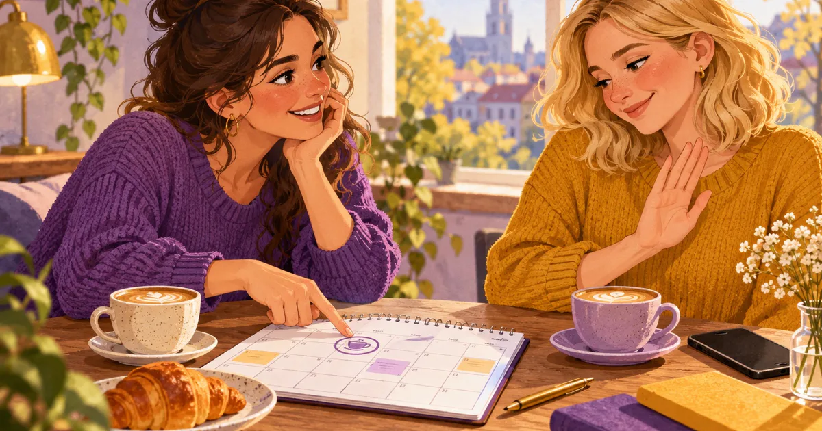 Două prietene privesc o agendă deschisă pe masa unei cafenele.