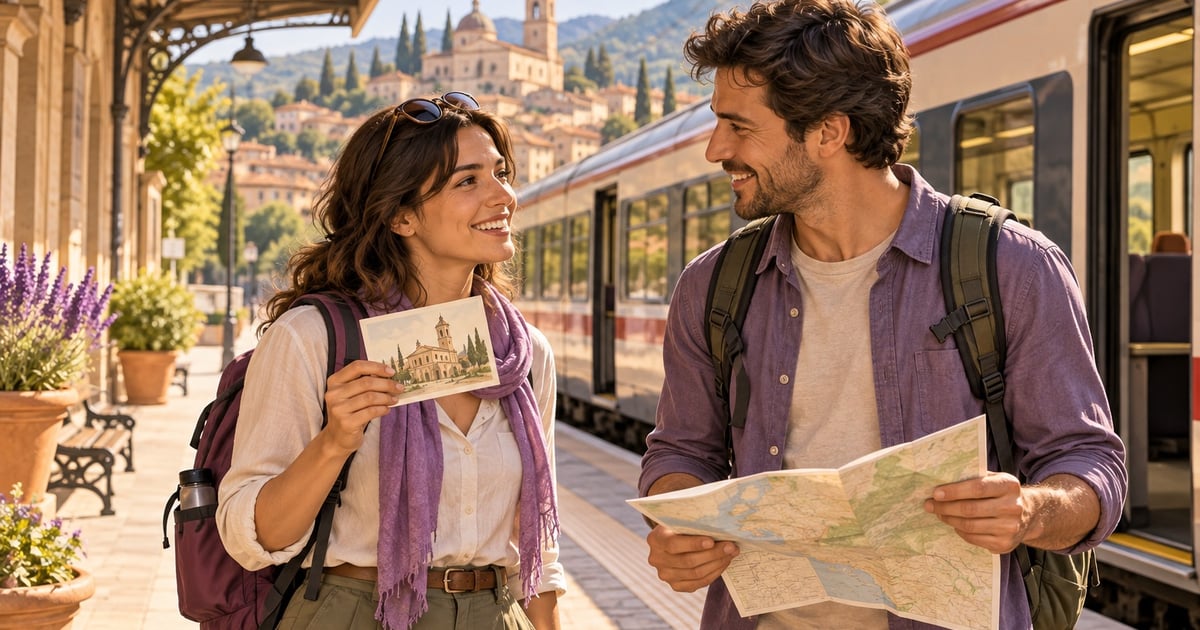 Doi călători cu rucsacuri discută pe peron, unul ținând o hartă și celălalt o carte poștală, lângă un tren.