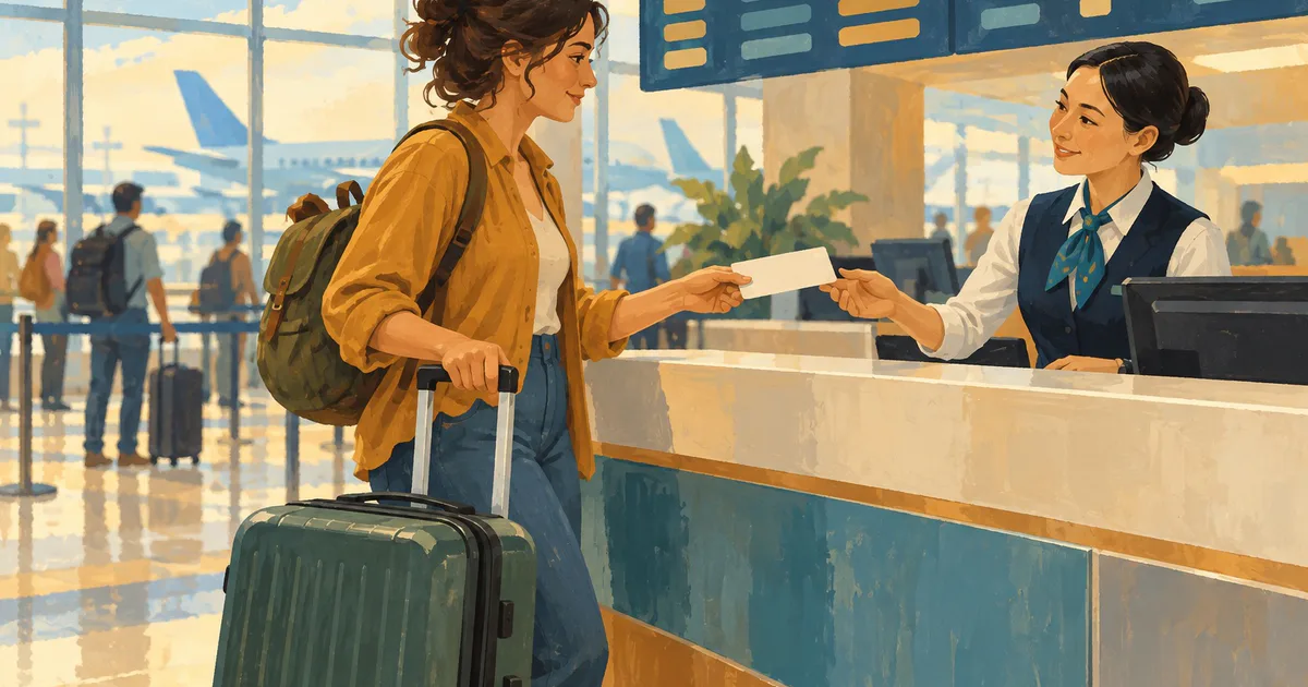 O călătoare cu valiză și rucsac discută cu o angajată la ghișeul aeroportului și ține cartea de îmbarcare.