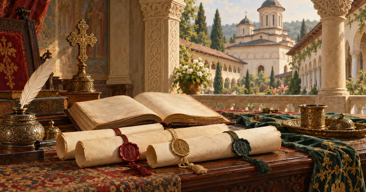 Pergamente sigilate, o carte veche și o mănăstire evocă diplomația și patronajul cultural.
