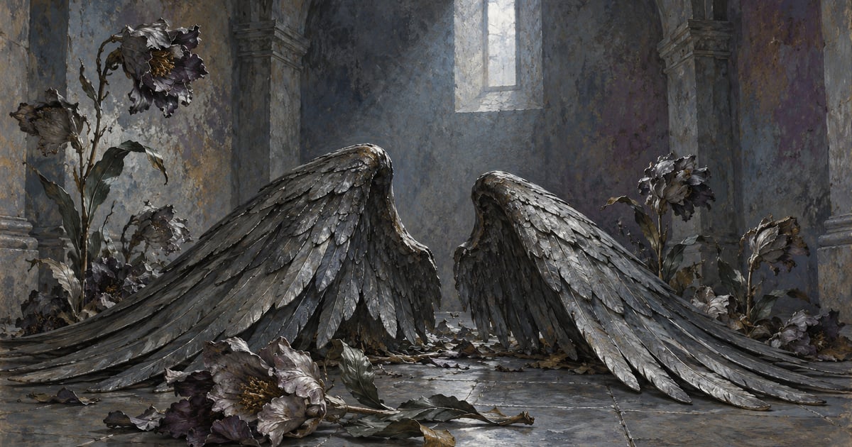 Aripi cenușii grele și flori metalice într-un spațiu arhitectural închis, cu lumină rece.