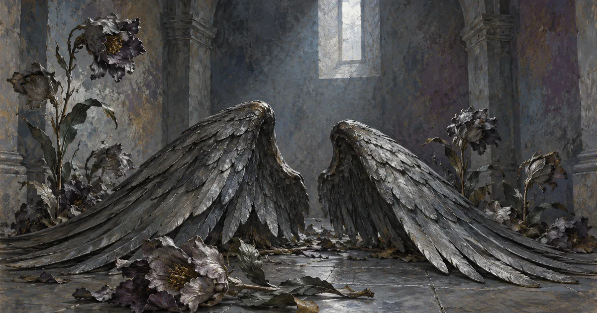 Aripi cenușii grele și flori metalice într-un spațiu arhitectural închis, cu lumină rece.