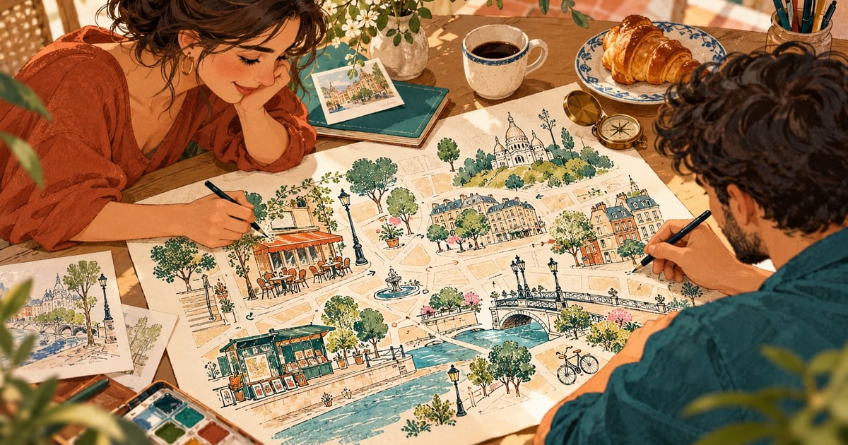 O persoană desenează un cartier imaginar cu bibliotecă, parc și străzi pe o foaie.