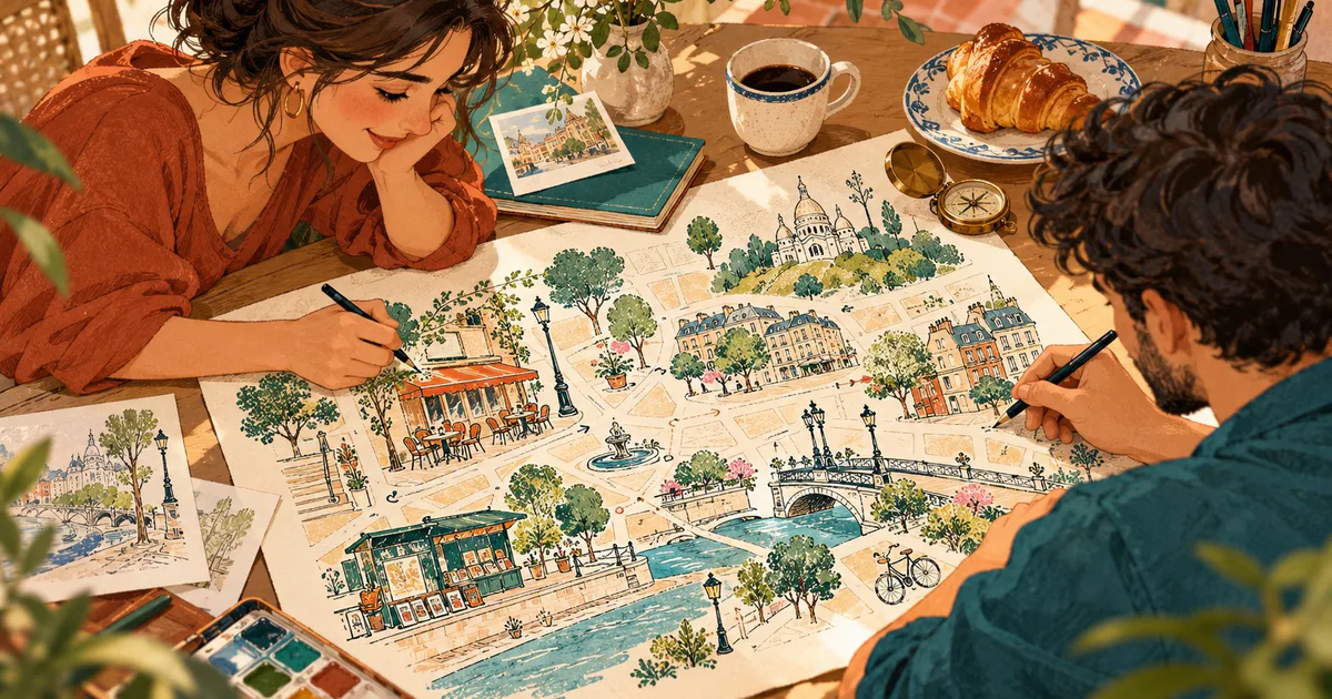 O persoană desenează un cartier imaginar cu bibliotecă, parc și străzi pe o foaie.