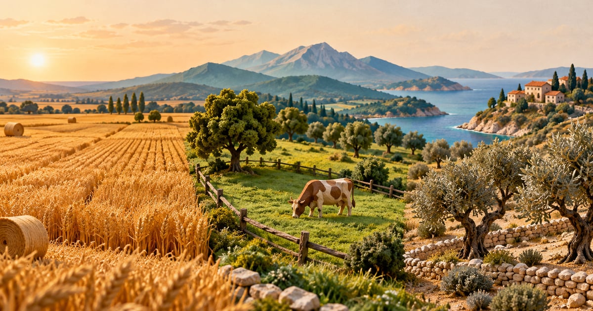 Peisaje agricole miniaturale alăturate cu cereale, pășune umedă și livadă de măslini, pe platforme din hârtie.