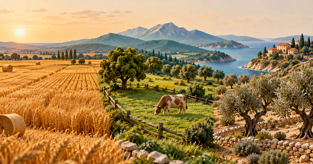 Peisaje agricole miniaturale alăturate cu cereale, pășune umedă și livadă de măslini, pe platforme din hârtie.