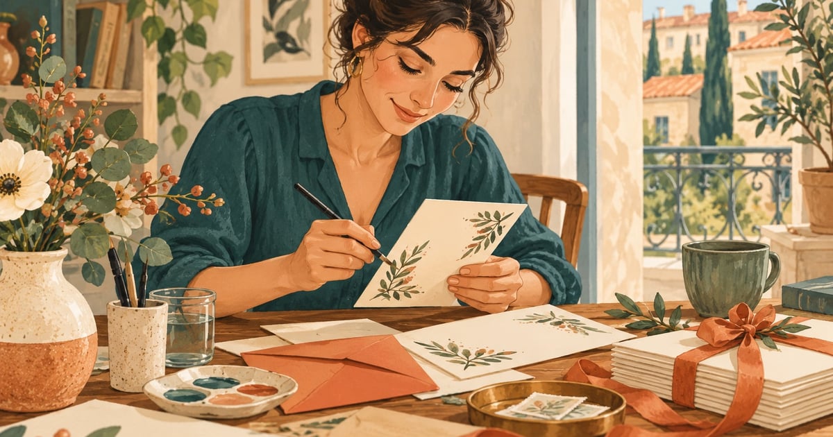 O femeie decorează invitații de hârtie cu motive vegetale la o masă cu plicuri și panglici.