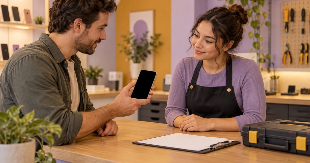 Un client arată telefonul cu ecranul negru unei angajate de la service, lângă formularul de primire.