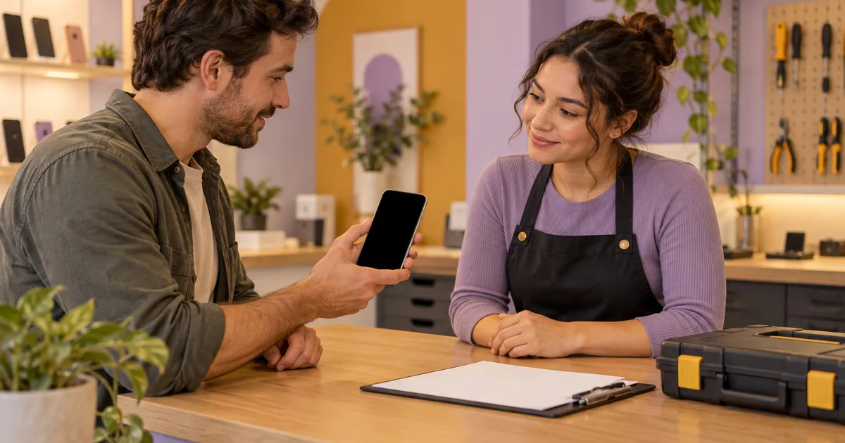 Un client arată telefonul cu ecranul negru unei angajate de la service, lângă formularul de primire.