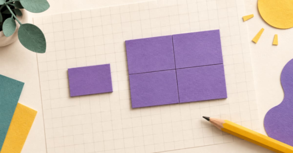 Un dreptunghi violet mic lângă un dreptunghi mai mare alcătuit din patru piese similare.