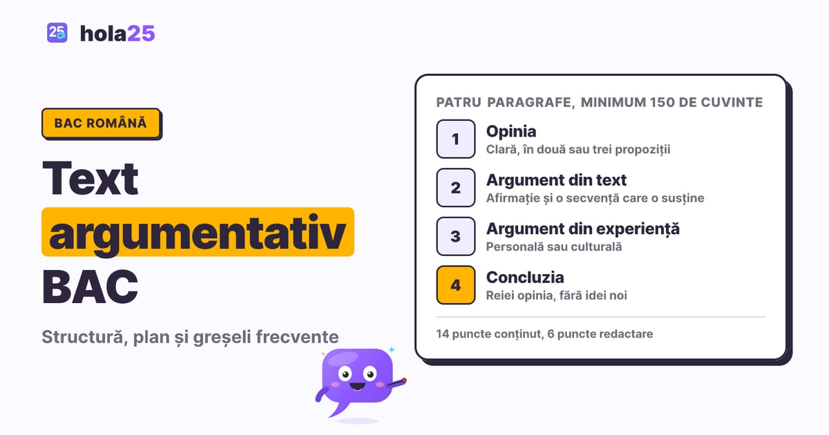 Planul textului argumentativ de la BAC în patru paragrafe: opinia, argumentul din text, argumentul din experiență și concluzia
