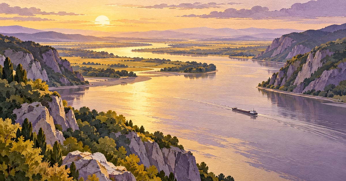 Ilustrație conceptuală cu un fluviu larg între maluri stâncoase și o navă mică, fără localizare cartografică.