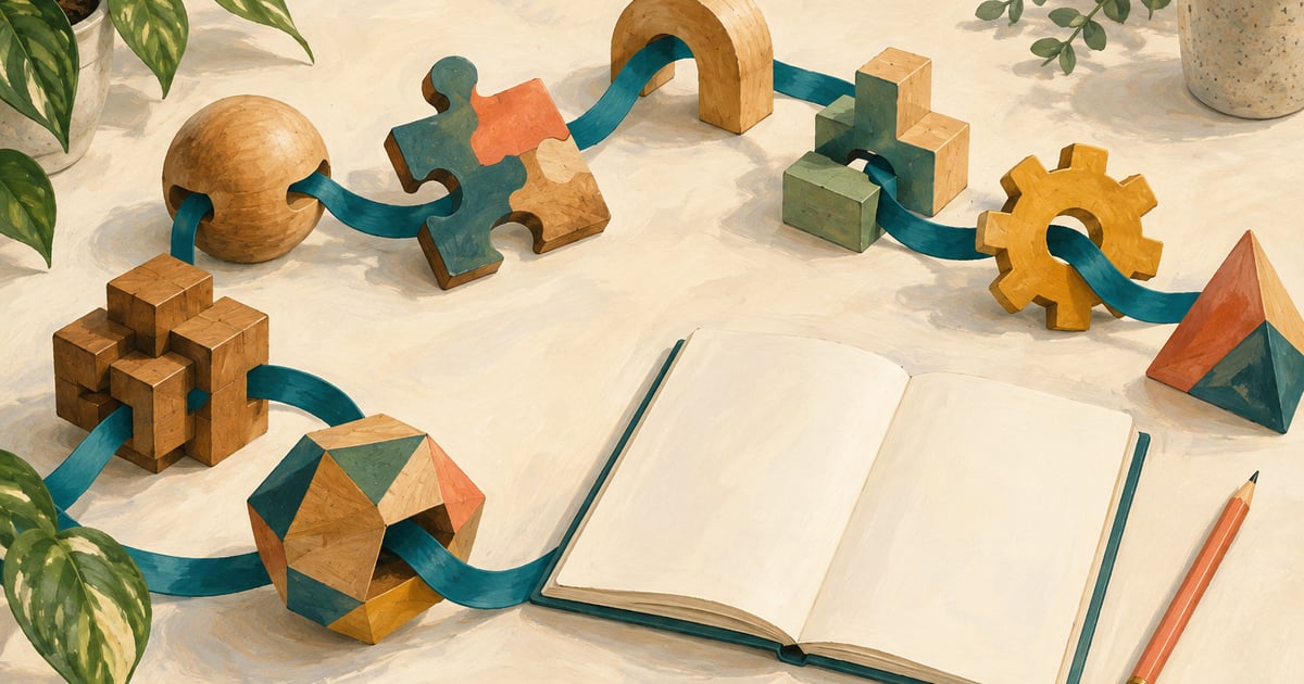 Piese geometrice, panglică și caiet, ca ilustrație conceptuală a rezolvării problemelor.