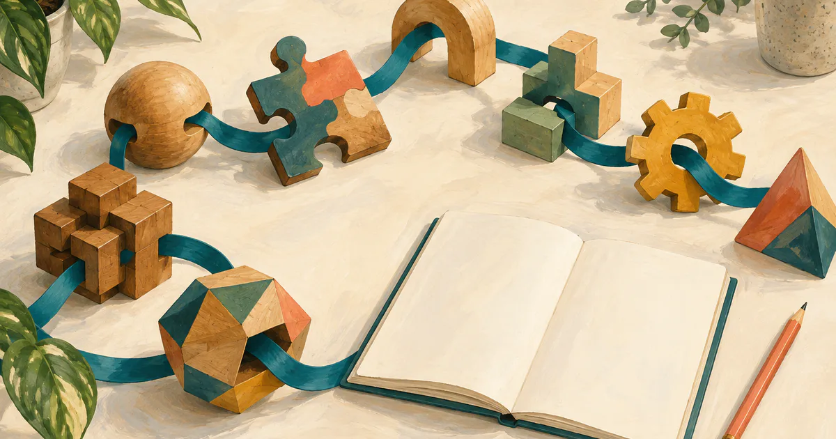 Piese geometrice, panglică și caiet, ca ilustrație conceptuală a rezolvării problemelor.