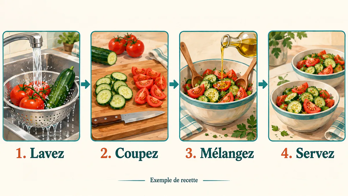 Patru etape ilustrate pentru o salată: Lavez, Coupez, Mélangez, Servez.