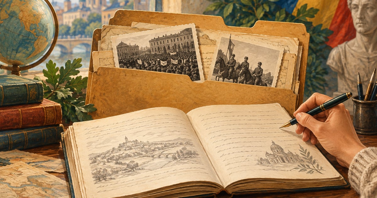 Un caiet deschis și două documente de arhivă evocă dezvoltarea explicată a unui fapt istoric.