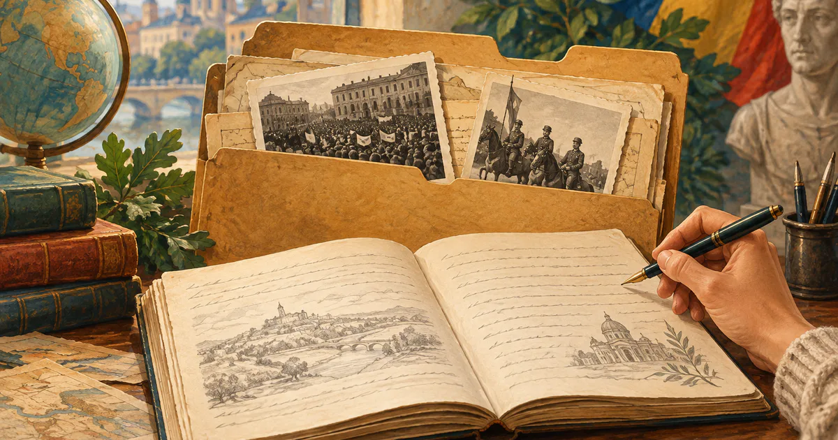 Un caiet deschis și două documente de arhivă evocă dezvoltarea explicată a unui fapt istoric.