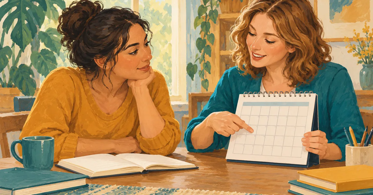 Două cursante la o masă, una ascultă atent iar cealaltă arată o zi într-un calendar fără text lizibil.