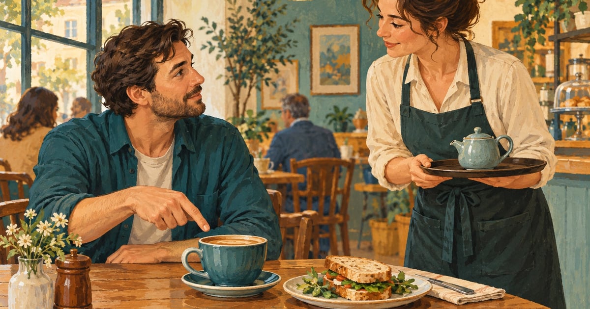 Un client explică politicos o diferență de comandă persoanei care servește, lângă o cafea mare și un sandviș.