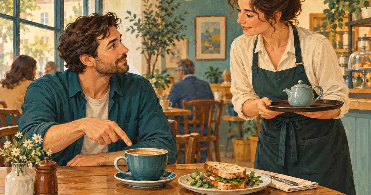 Un client explică politicos o diferență de comandă persoanei care servește, lângă o cafea mare și un sandviș.