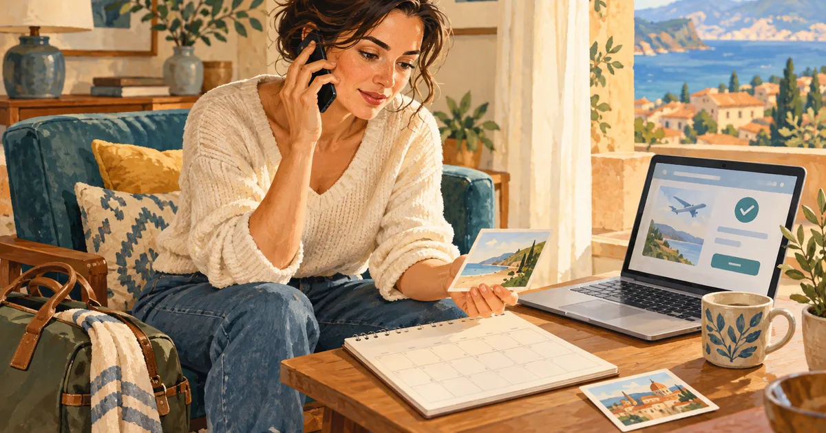 O femeie verifică un calendar în timpul unui apel despre rezervare, lângă laptop și o geantă de călătorie.