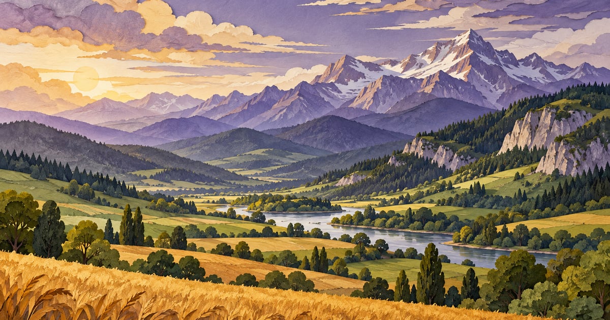 Peisaj conceptual care trece de la câmpie la culmi montane, ilustrând diversitatea condițiilor climatice.
