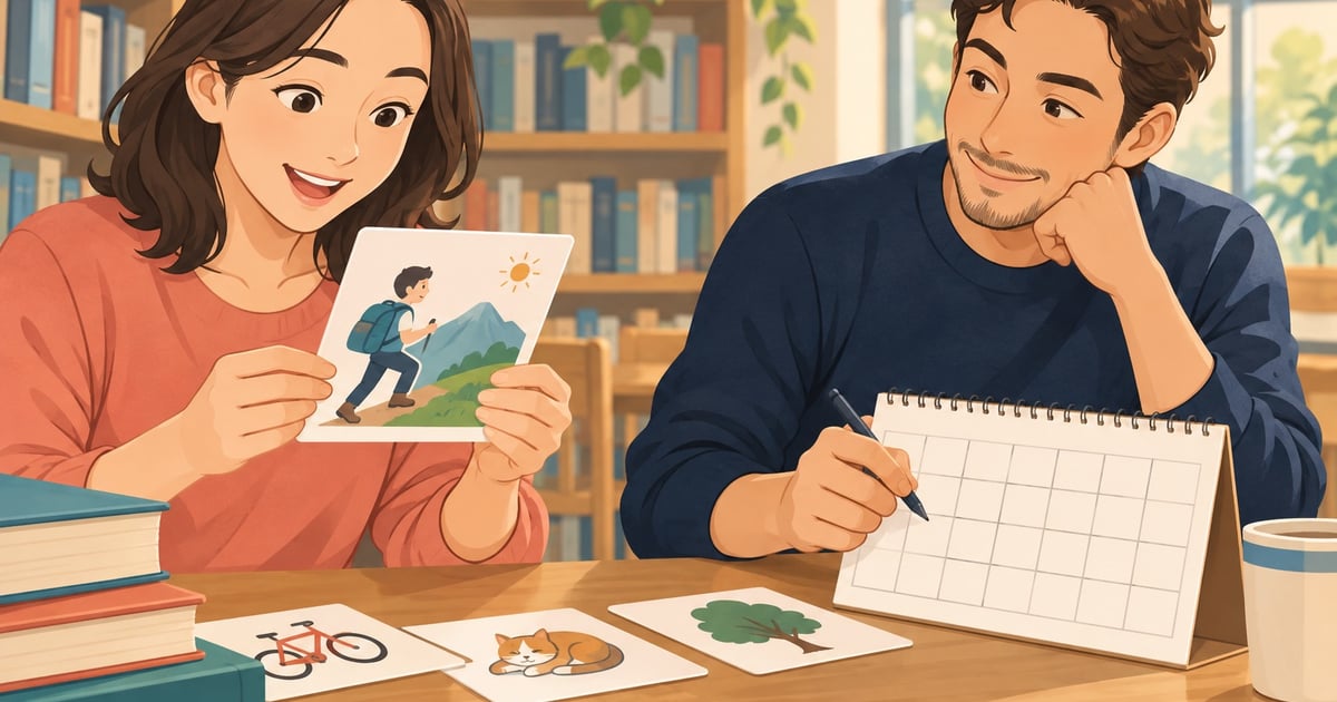 O femeie privește un cartonaș ilustrat, iar un bărbat ține un calendar fără text la o masă din bibliotecă.