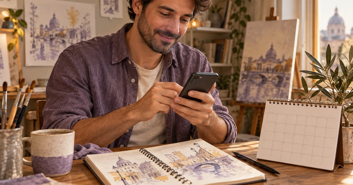 Un bărbat scrie un mesaj pe telefon lângă un caiet cu schițe urbane și un calendar de masă.