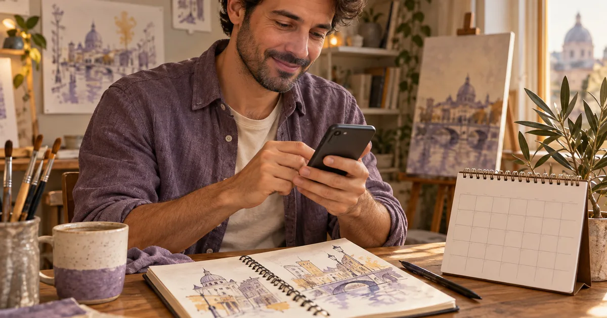 Un bărbat scrie un mesaj pe telefon lângă un caiet cu schițe urbane și un calendar de masă.