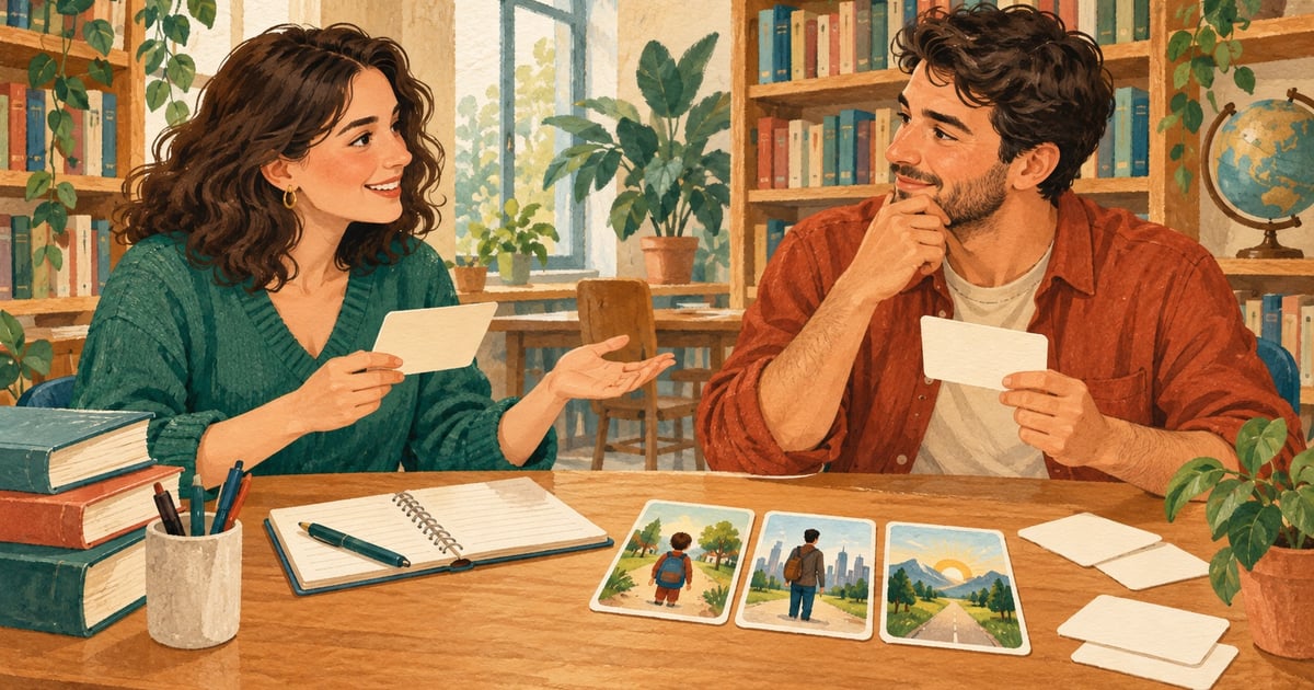 Doi cursanți exersează întrebări și răspunsuri într-o bibliotecă, folosind cartonașe și un caiet.