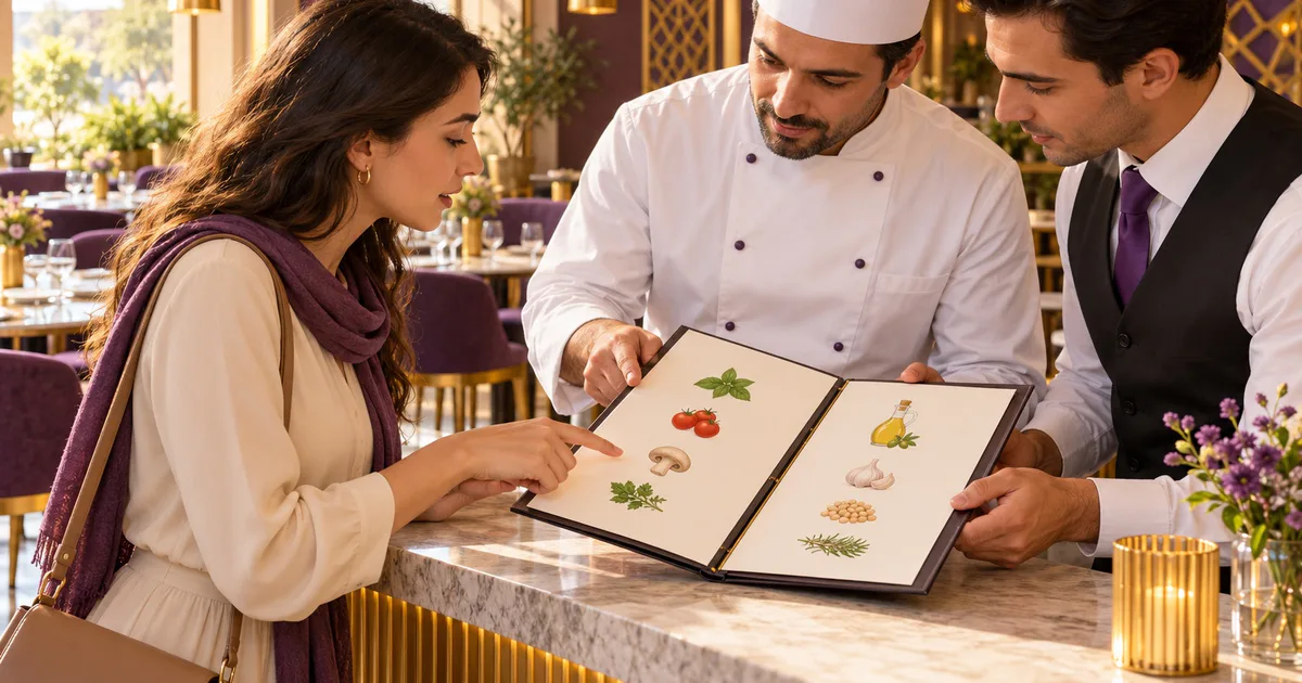 O clientă discută cu personalul unui restaurant, care verifică împreună un dosar cu ingrediente.