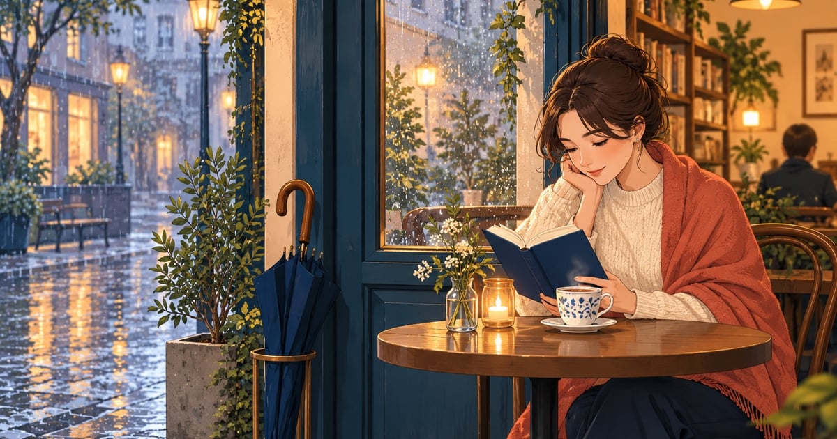 O femeie citește la o masă de cafenea lângă fereastra pe care se văd picături de ploaie.