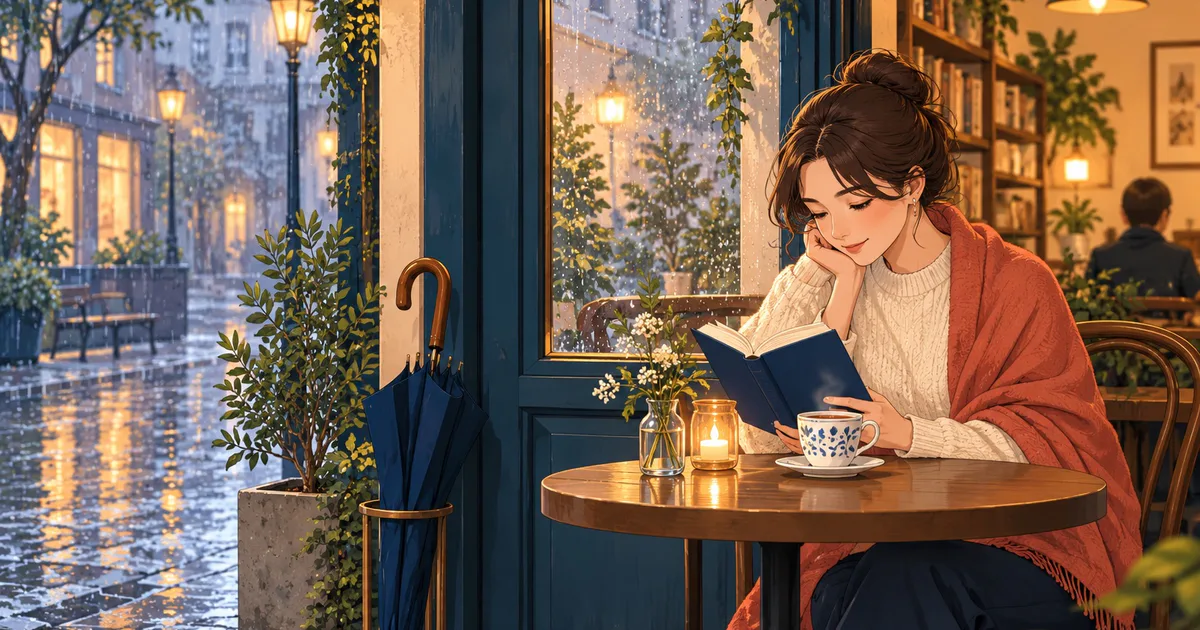 O femeie citește la o masă de cafenea lângă fereastra pe care se văd picături de ploaie.