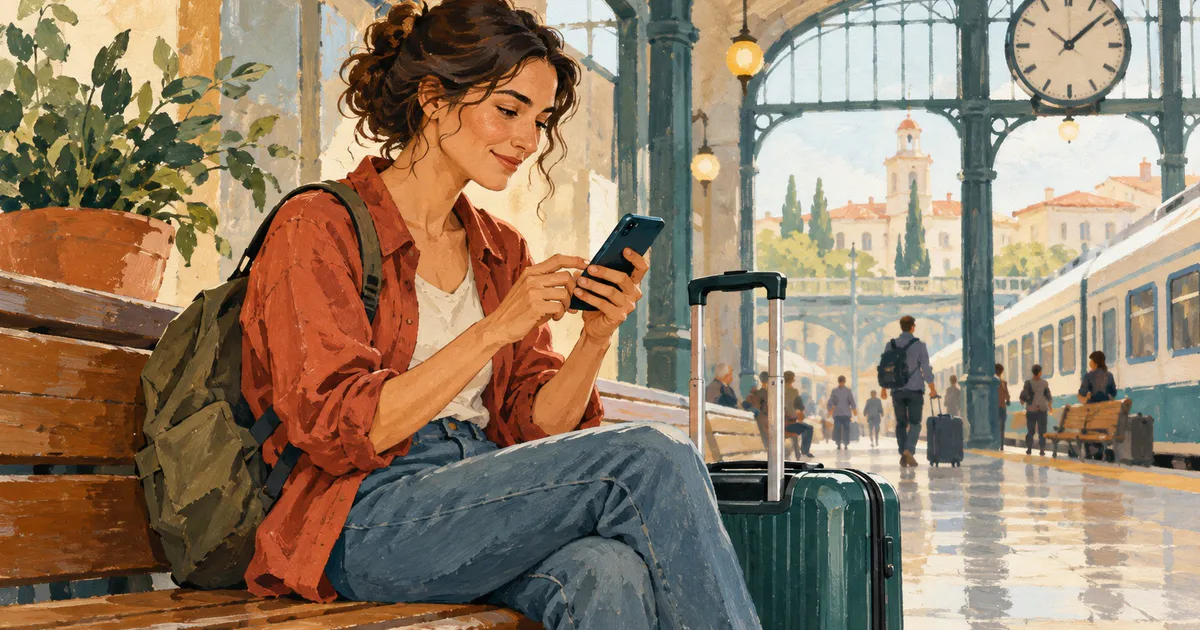 O femeie cu valiză scrie un mesaj pe telefon pe o bancă din gară.