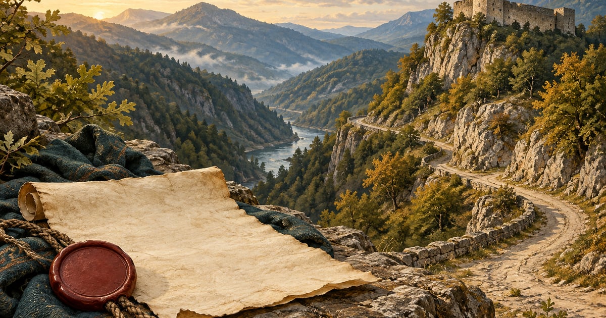Un drum printre munți și o cetate medievală sugerează apărarea și formarea statului.
