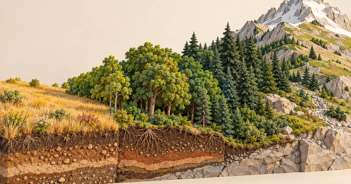 Peisaj conceptual din hârtie cu pajiște, pădure și munte, alături de straturi de sol în nuanțe naturale.