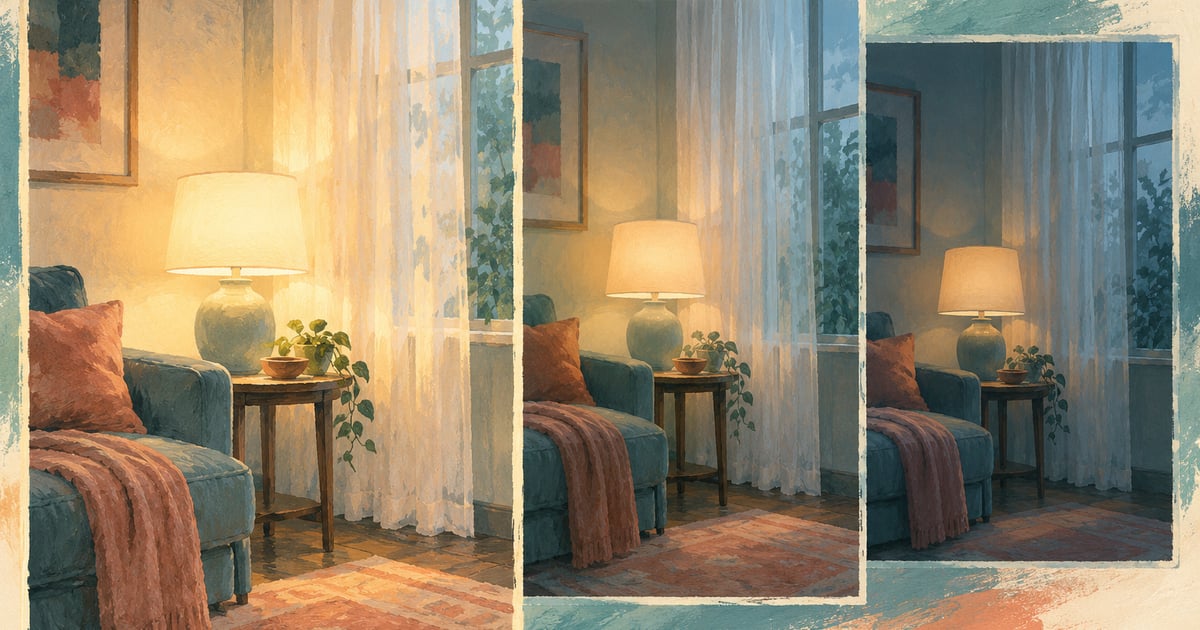 Trei cadre suprapuse ale unei camere cu iluminare diferită, ilustrând conceptual ajustarea senzorială.