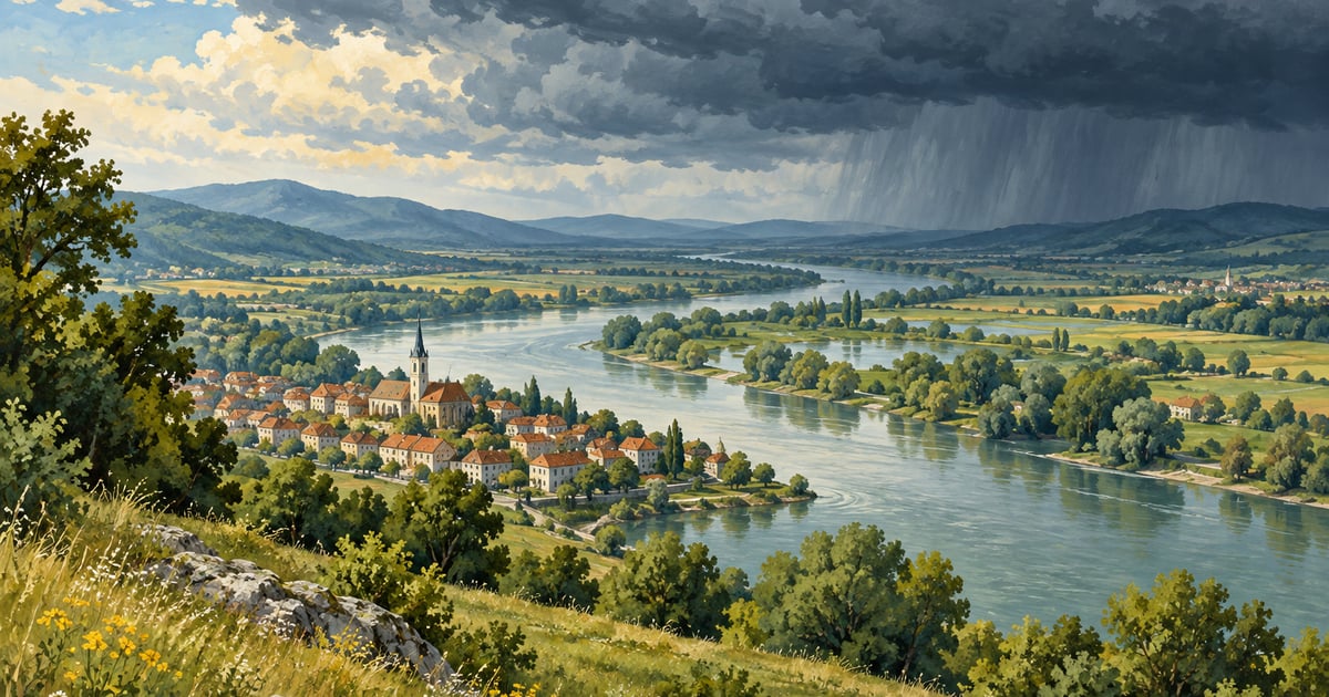 Un râu și o localitate văzute de pe un deal sub nori de furtună evocă expunerea la fenomene naturale.