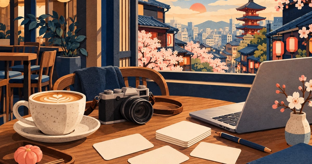 Cafea, cameră foto, laptop și cartonașe albe pe masa unei cafenele.