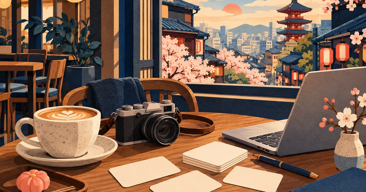 Cafea, cameră foto, laptop și cartonașe albe pe masa unei cafenele.