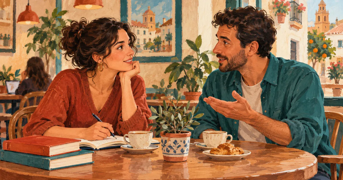 Doi prieteni discută la o cafenea privind un caiet deschis pe masă.