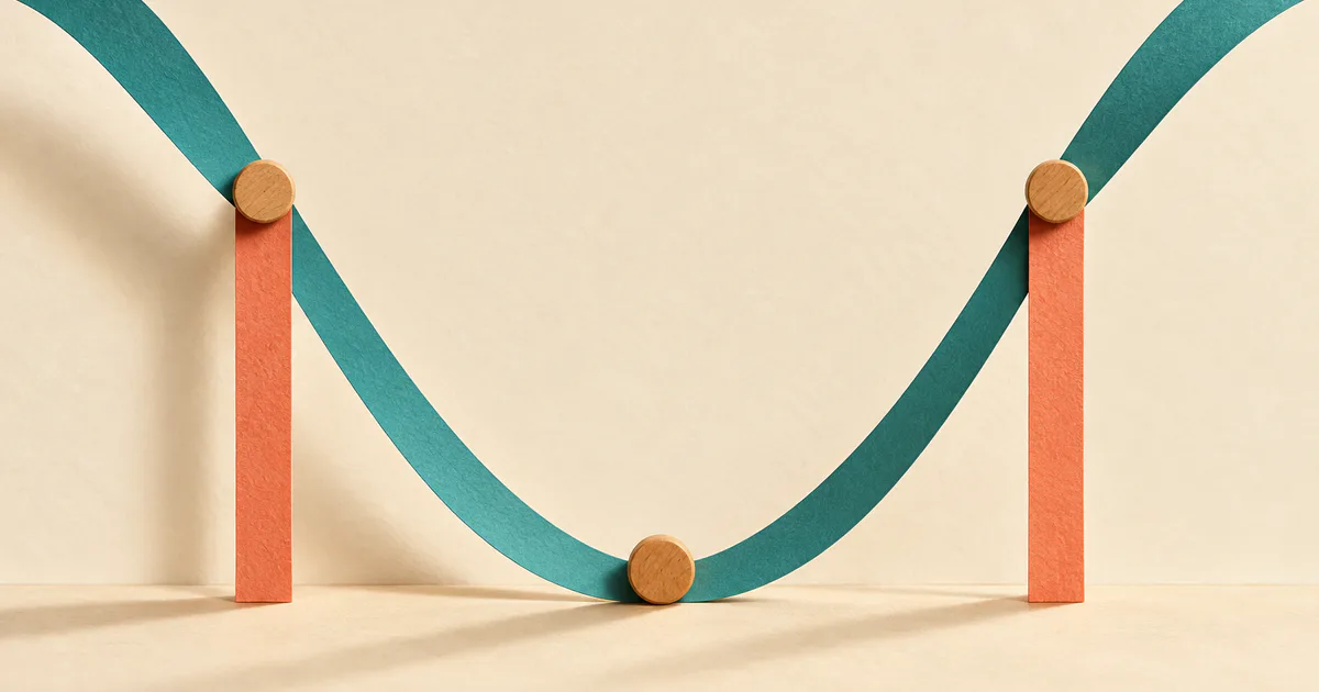 O curbă parabolică din panglică teal este delimitată de două repere coral pe hârtie crem.