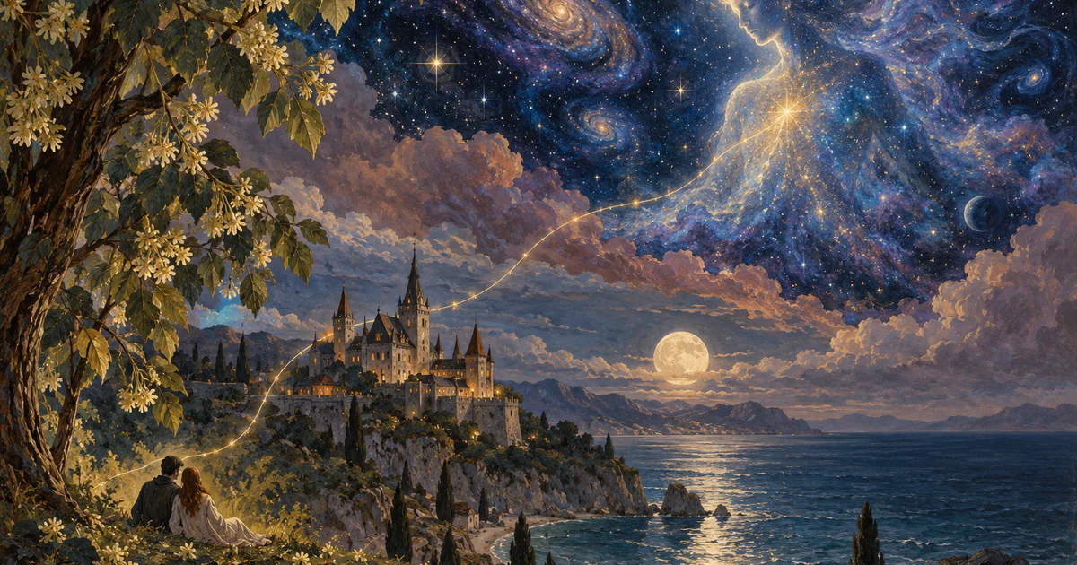 Un castel lângă mare și un cuplu terestru sunt privite de o siluetă luminoasă din spațiul înstelat.