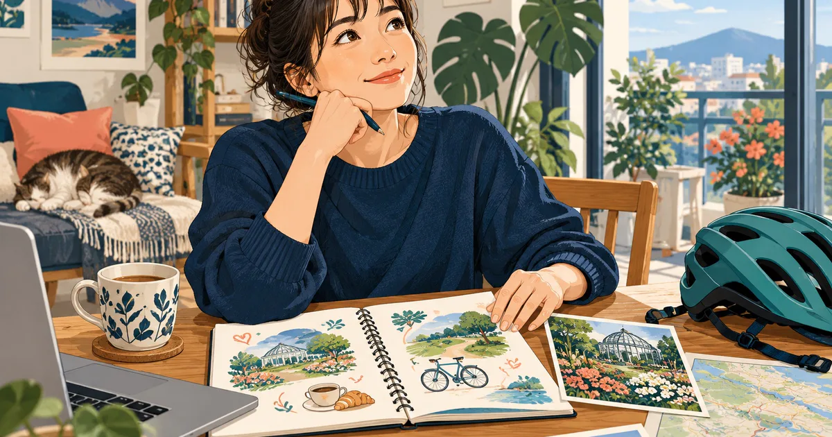 O tânără se gândește la activități lângă un caiet cu desene, o vedere cu o grădină și o cască de bicicletă.