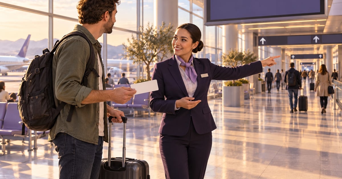 Un călător cu valiză și rucsac cere indicații unei angajate într-un terminal de aeroport.