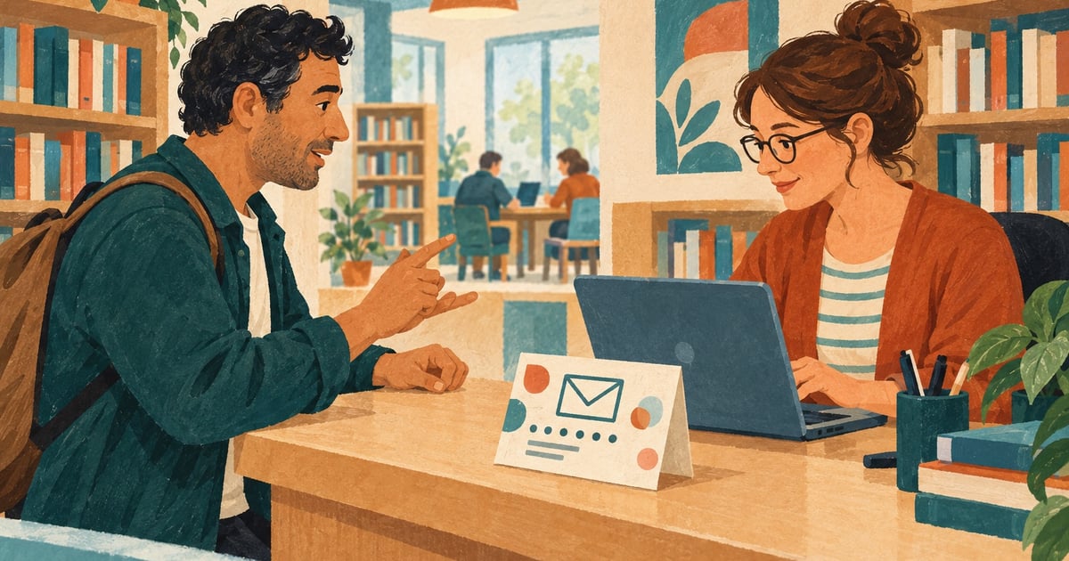 Un cititor dictează o adresă de e-mail bibliotecarei, care verifică informația pe laptop.