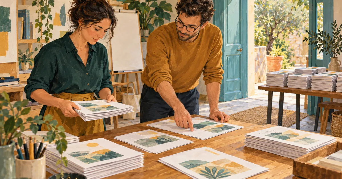 Doi colegi verifică ordinea foilor într-un set de materiale pentru atelier, lângă teancuri pregătite pentru predare.